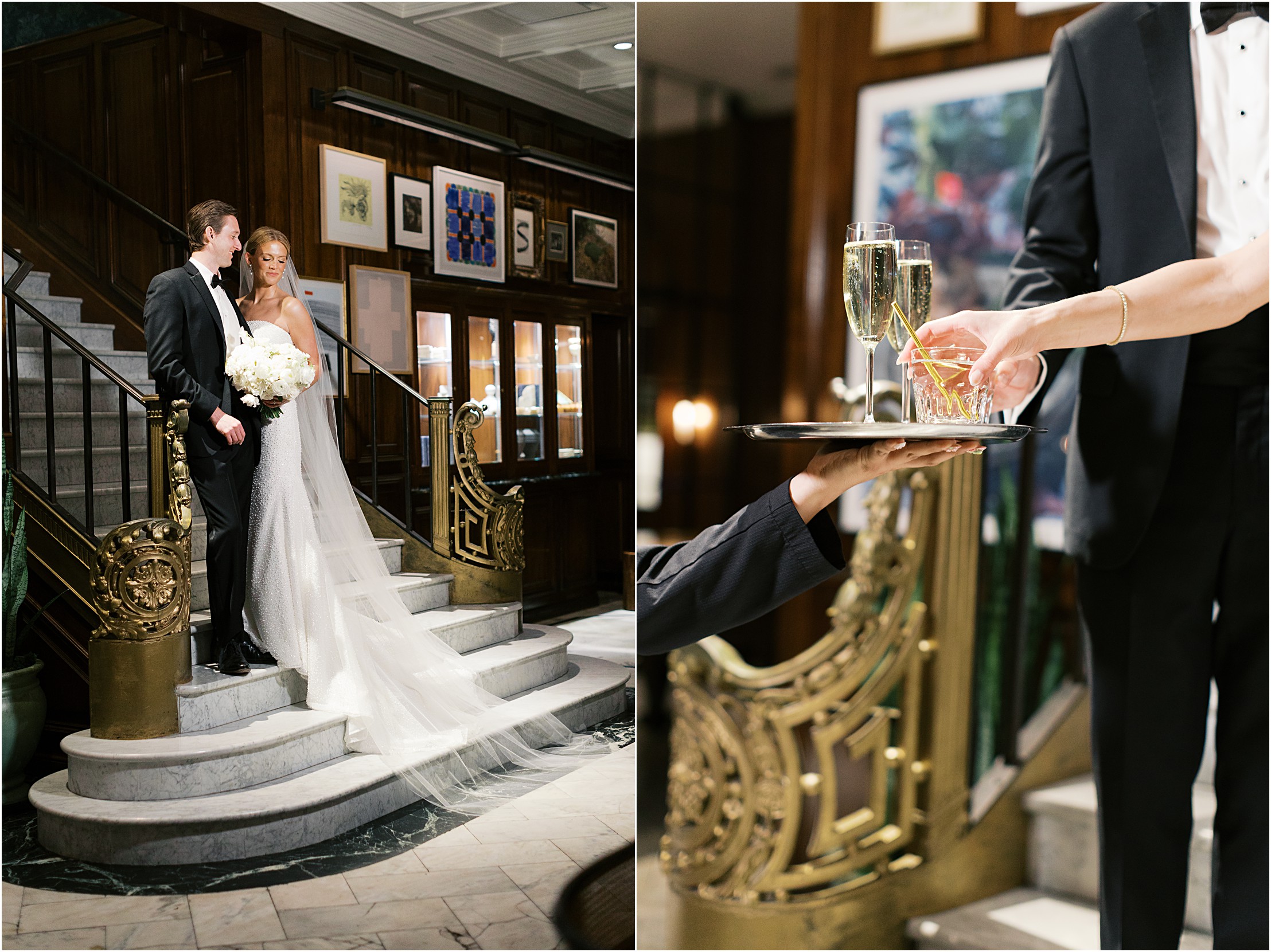 bride and groom on marble stairs in French Room lobby at Adolphus hotel in dallas texas