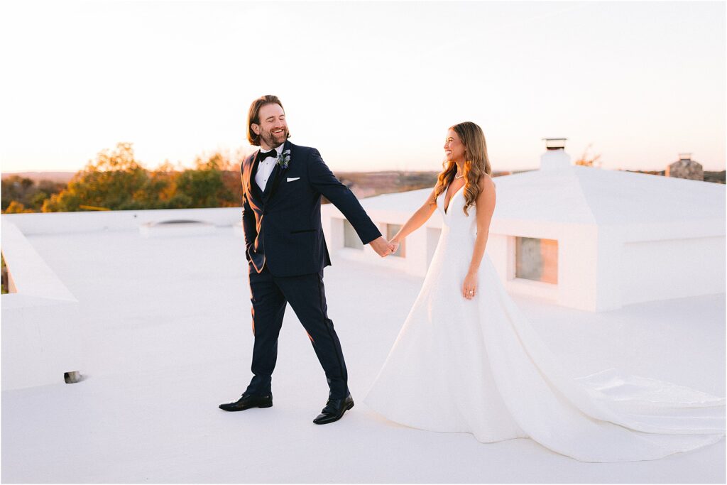 rooftop sunset bride and groom portrait at stoney ridge villa in fort worth Texas