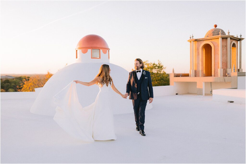 rooftop sunset bride and groom portrait at stoney ridge villa in fort worth Texas